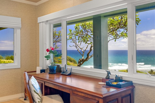 4228-L Waiakalua St Unit B & C, Kilauea, HI 96754 - office space featuring wallpapered walls, a water view, baseboards, and ornamental molding