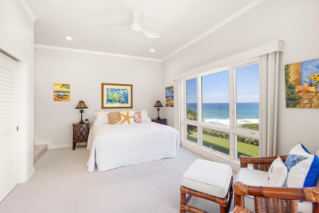 4228-L Waiakalua St Unit B & C, Kilauea, HI 96754 - bedroom with light carpet, ornamental molding, a water view, recessed lighting, and baseboards