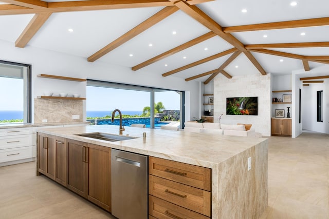 78-7029 Ola Mau St, Kailua-Kona, HI 96740 - kitchen featuring stainless steel dishwasher, a sink, a large island, recessed lighting, and backsplash