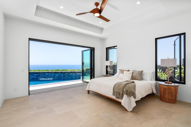 78-7029 Ola Mau St, Kailua-Kona, HI 96740 - bedroom featuring a raised ceiling, access to outside, recessed lighting, and a ceiling fan