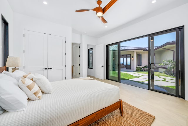 78-7029 Ola Mau St, Kailua-Kona, HI 96740 - bedroom with access to exterior, recessed lighting, a closet, and a ceiling fan