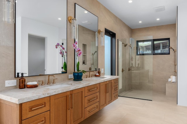 78-7029 Ola Mau St, Kailua-Kona, HI 96740 - bathroom featuring double vanity, a walk in shower, tile patterned floors, and recessed lighting