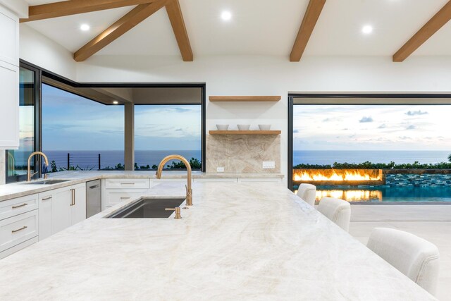 78-7029 Ola Mau St, Kailua-Kona, HI 96740 - kitchen with a sink, beam ceiling, light stone counters, white cabinetry, and recessed lighting