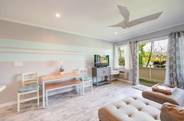525 Aleka Lp Unit J2, Kapaa, HI 96746 - interior space with crown molding, baseboards, wood finished floors, a wall mounted air conditioner, and recessed lighting