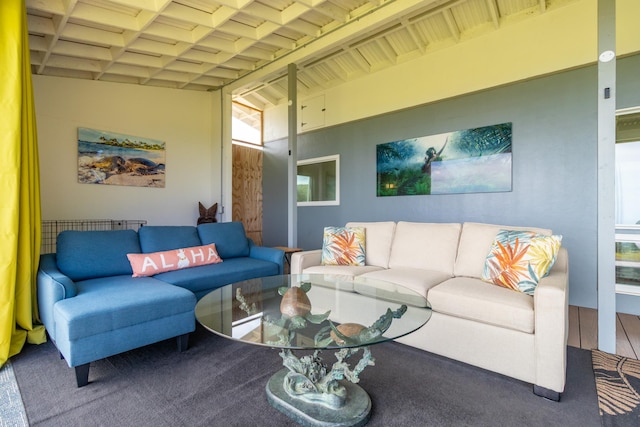 32-491 Piha Kahuku Rd, Ninole, HI 96773 - carpeted living area featuring beam ceiling