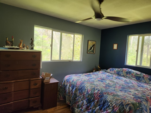 14-3449 Mauna Kea Rd, Pahoa, HI 96778 - bedroom featuring multiple windows, dark wood-style flooring, and a ceiling fan
