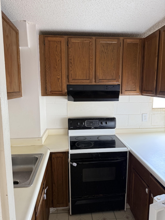 4156 Rice St Unit 411, Lihue, HI 96766 - kitchen featuring electric range oven, exhaust hood, a sink, tasteful backsplash, and light countertops