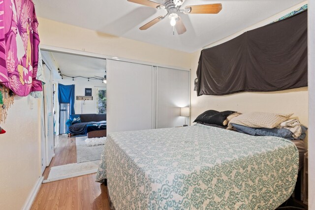 87-3216 Ama Rd, Captain Cook, HI 96704 - bedroom with wood finished floors, a closet, and a ceiling fan