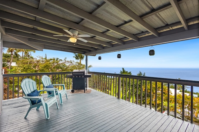 87-3216 Ama Rd, Captain Cook, HI 96704 - wooden deck featuring area for grilling, a water view, and ceiling fan