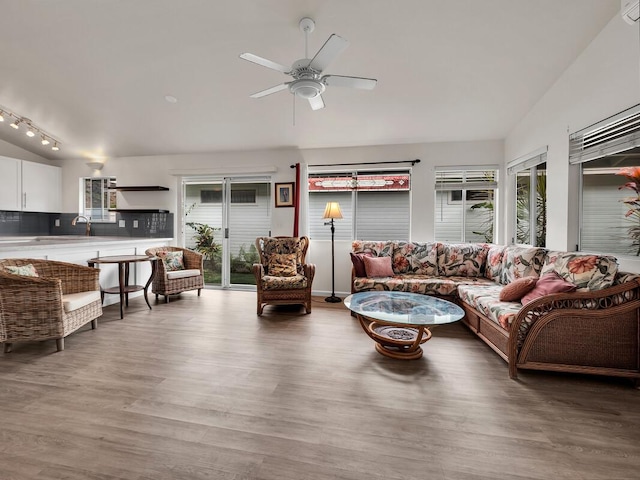 75-252 Nani Kailua Dr Unit 27, Kailua-Kona, HI 96740 - living room featuring plenty of natural light, ceiling fan, wood finished floors, lofted ceiling, and track lighting