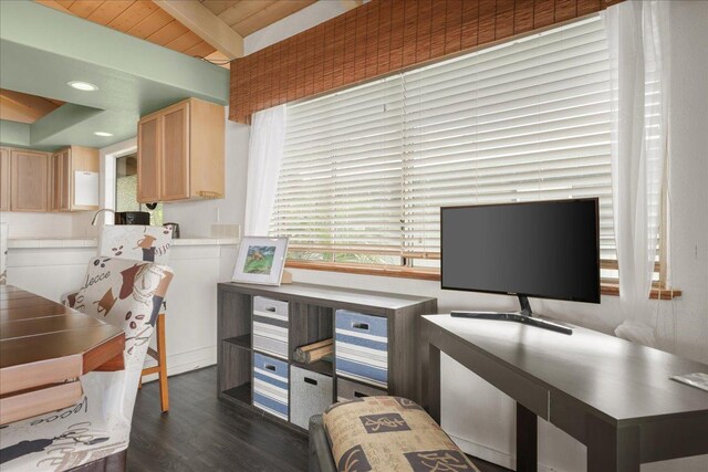 87-3194 Carissa Rd, Captain Cook, HI 96704 - home office with dark wood-type flooring, wood ceiling with exposed beams, and recessed lighting