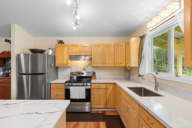 16-1580 39th Ave, Kurtistown, HI 96760 - kitchen featuring stainless steel appliances, a sink, under cabinet range hood, dark wood-type flooring, and light stone countertops