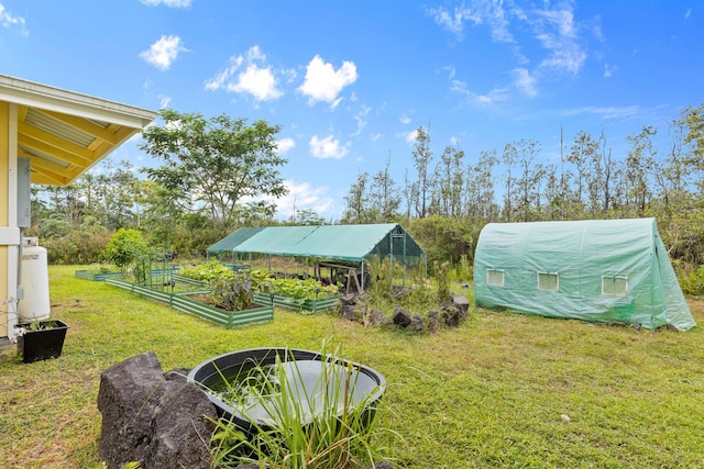 16-1580 39th Ave, Kurtistown, HI 96760 - view of grassy yard featuring an exterior structure, a vegetable garden, and an outbuilding