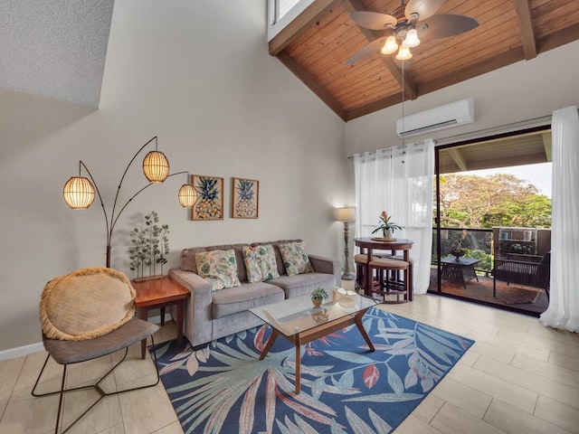 75-5669 Kuakini Hwy Unit 4302, Kailua-Kona, HI 96740 - living area with a wall unit AC, wooden ceiling with exposed beams, high vaulted ceiling, ceiling fan, and baseboards