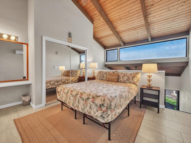 75-5669 Kuakini Hwy Unit 4302, Kailua-Kona, HI 96740 - bedroom featuring wood ceiling with exposed beams, a wall mounted AC, high vaulted ceiling, baseboards, and a closet
