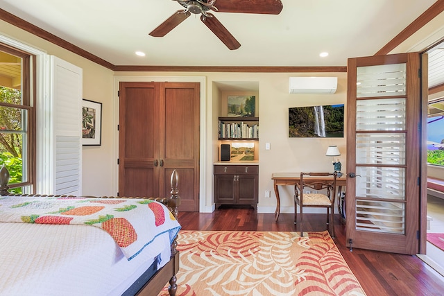 3661 Papalina Rd Unit A, Kalaheo, HI 96741 - bedroom featuring a wall unit AC, multiple windows, dark wood-style floors, recessed lighting, and crown molding