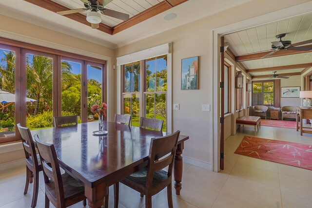 3661 Papalina Rd Unit A, Kalaheo, HI 96741 - dining room with a ceiling fan, wooden ceiling, light tile patterned floors, a raised ceiling, and baseboards