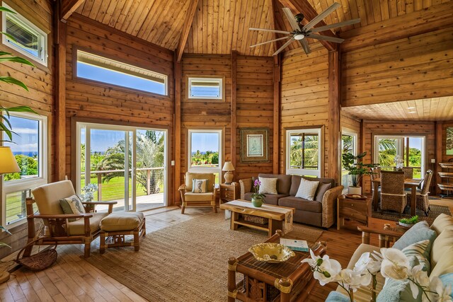 5421-C Kalalea View Dr, Anahola, HI 96703 - living room featuring high vaulted ceiling, a ceiling fan, wooden walls, wood-type flooring, and wooden ceiling