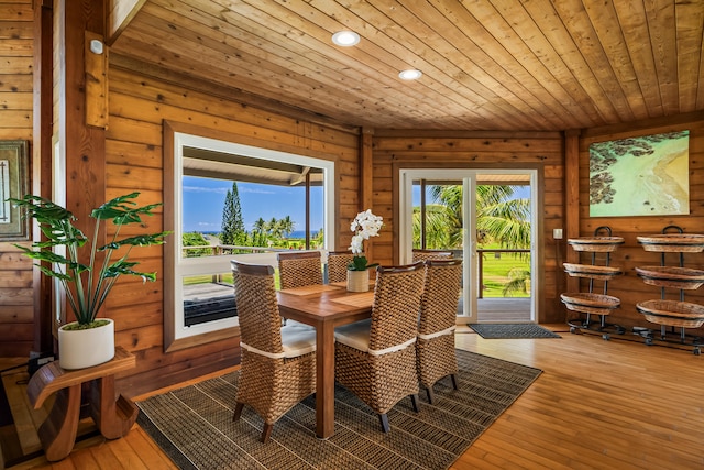 5421-C Kalalea View Dr, Anahola, HI 96703 - dining room with wood ceiling, wooden walls, recessed lighting, and hardwood / wood-style flooring