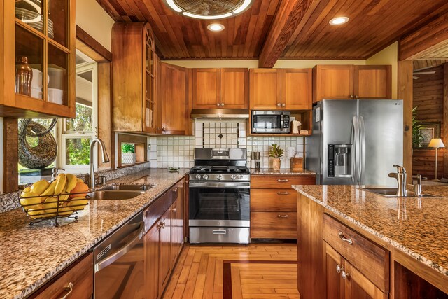 5421-C Kalalea View Dr, Anahola, HI 96703 - kitchen with stainless steel appliances, under cabinet range hood, wood ceiling with exposed beams, a sink, and brown cabinets