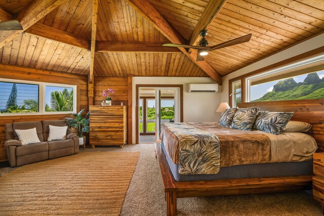 5421-C Kalalea View Dr, Anahola, HI 96703 - carpeted bedroom with a wall mounted air conditioner, access to exterior, multiple windows, and wood ceiling