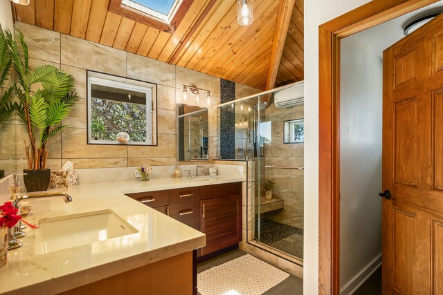 5421-C Kalalea View Dr, Anahola, HI 96703 - bathroom with vanity, a skylight, wood ceiling, a shower stall, and an AC wall unit