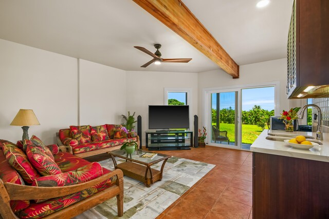 5421-C Kalalea View Dr, Anahola, HI 96703 - living area featuring light tile patterned floors, beam ceiling, ceiling fan, and recessed lighting