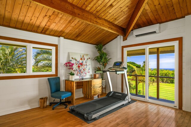 5421-C Kalalea View Dr, Anahola, HI 96703 - workout room featuring a wall unit AC, hardwood / wood-style flooring, lofted ceiling, wooden ceiling, and wooden walls