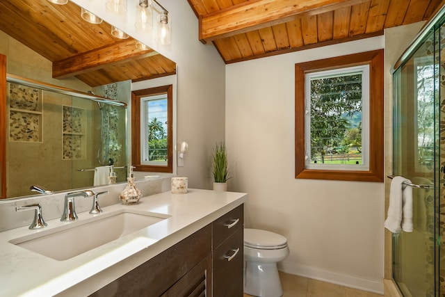 5421-C Kalalea View Dr, Anahola, HI 96703 - bathroom with wood ceiling with exposed beams, vanity, tile patterned floors, toilet, and a shower stall