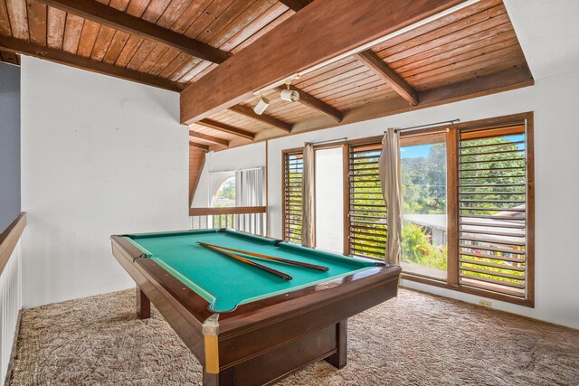 187 Lihau St, Kapaa, HI 96746 - game room featuring wood ceiling with exposed beams, billiards table, and carpet floors