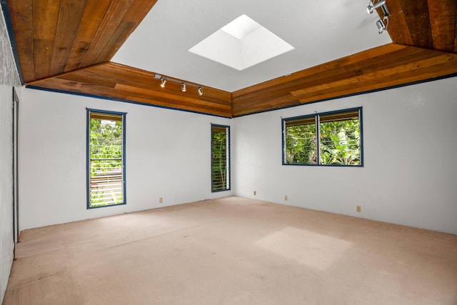 187 Lihau St, Kapaa, HI 96746 - carpeted empty room featuring rail lighting, a skylight, healthy amount of natural light, and wooden ceiling
