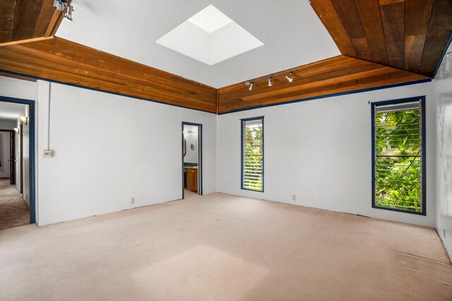 187 Lihau St, Kapaa, HI 96746 - carpeted spare room with lofted ceiling, a skylight, wood ceiling, and rail lighting