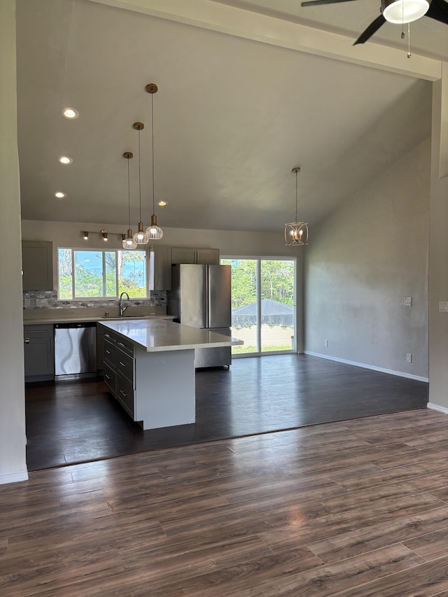 16-2157 Emerald Dr, Pahoa, HI 96778 - kitchen featuring appliances with stainless steel finishes, a chandelier, open floor plan, recessed lighting, and decorative backsplash