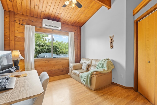 15-1644 4th Ave, Keaau, HI 96749 - living area with a wall mounted air conditioner, wood finished floors, wooden ceiling, ceiling fan, and a desk