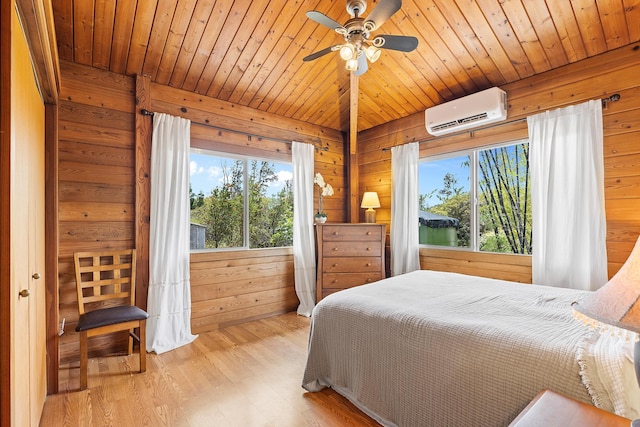 15-1644 4th Ave, Keaau, HI 96749 - bedroom with a wall unit AC, multiple windows, light wood-style floors, wooden ceiling, and wood walls