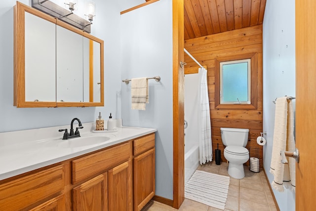 15-1644 4th Ave, Keaau, HI 96749 - bathroom featuring vanity, wooden walls, toilet, shower / bath combo with shower curtain, and tile patterned flooring