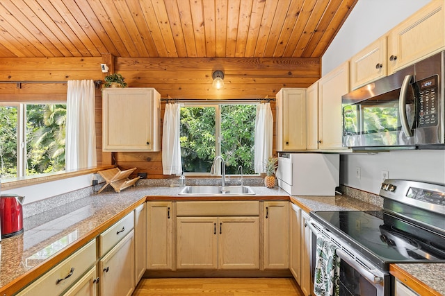 15-1644 4th Ave, Keaau, HI 96749 - kitchen with a sink, stainless steel appliances, tile counters, wooden ceiling, and plenty of natural light
