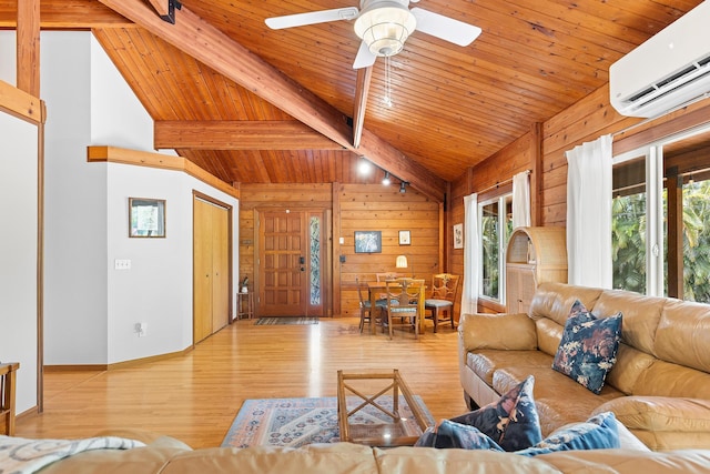 15-1644 4th Ave, Keaau, HI 96749 - living room with a wall unit AC, wooden walls, wood ceiling, a ceiling fan, and wood finished floors