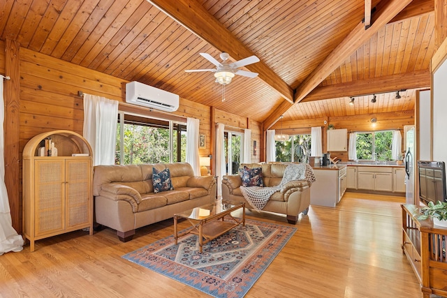 15-1644 4th Ave, Keaau, HI 96749 - living room with an AC wall unit, wood ceiling, plenty of natural light, light wood-type flooring, and wooden walls
