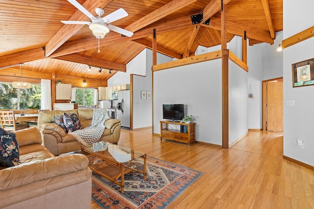15-1644 4th Ave, Keaau, HI 96749 - living room featuring a ceiling fan, wooden ceiling with exposed beams, light wood-type flooring, high vaulted ceiling, and baseboards