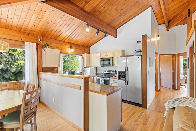 15-1644 4th Ave, Keaau, HI 96749 - kitchen with appliances with stainless steel finishes, light wood-type flooring, wood ceiling with exposed beams, plenty of natural light, and high vaulted ceiling