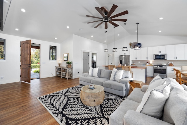 71-1871 Puu Lani Loop, Kailua-Kona, HI 96740 - living area with a ceiling fan, dark wood finished floors, high vaulted ceiling, and recessed lighting