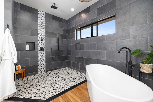 71-1871 Puu Lani Loop, Kailua-Kona, HI 96740 - full bath with walk in shower, wood finished floors, a freestanding tub, tile walls, and recessed lighting