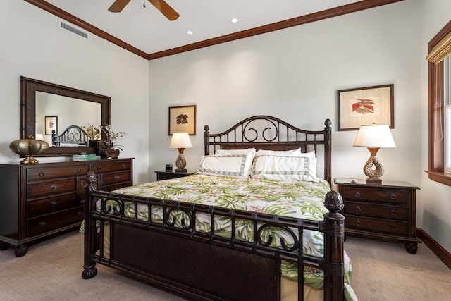 69-1000 Kolea Kai Cir Unit 3C, Waikoloa, HI 96738 - bedroom with carpet, ornamental molding, recessed lighting, baseboards, and ceiling fan