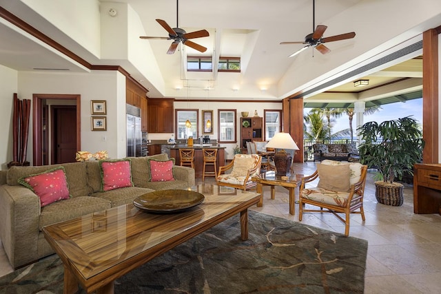 69-1000 Kolea Kai Cir Unit 3C, Waikoloa, HI 96738 - living area with ceiling fan and high vaulted ceiling