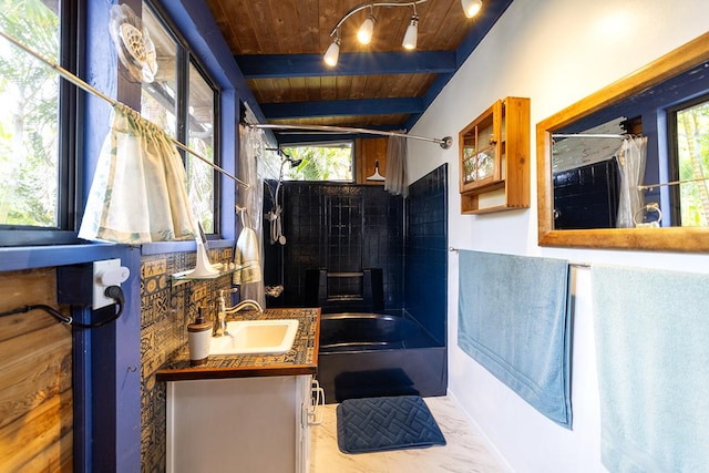 15-1429 22nd Ave, Keaau, HI 96749 - full bathroom featuring shower / tub combo with curtain, wooden ceiling with exposed beams, vanity, and track lighting