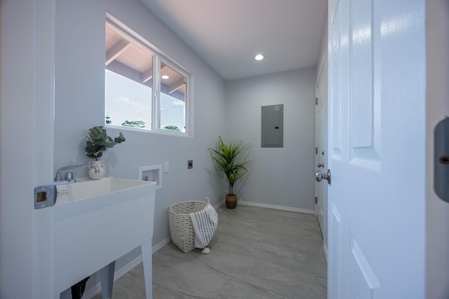 15-1791 4th Ave, Keaau, HI 96749 - laundry area featuring hookup for an electric dryer, hookup for a washing machine, electric panel, recessed lighting, and baseboards