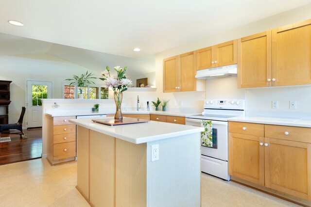 67-1272 Laikealoha St, Kamuela, HI 96743 - kitchen featuring white range with electric stovetop, under cabinet range hood, light countertops, light brown cabinets, and recessed lighting