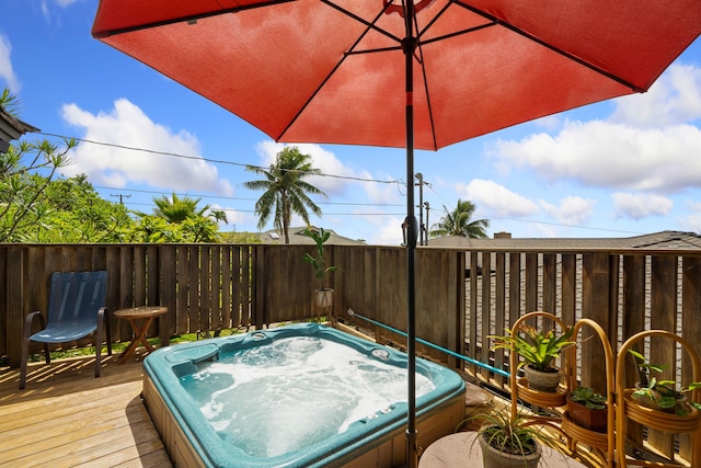 2321 Hoohu Rd, Koloa, HI 96756 - wooden terrace featuring an outdoor hot tub