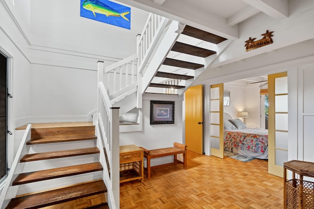 2321 Hoohu Rd, Koloa, HI 96756 - stairs featuring beamed ceiling